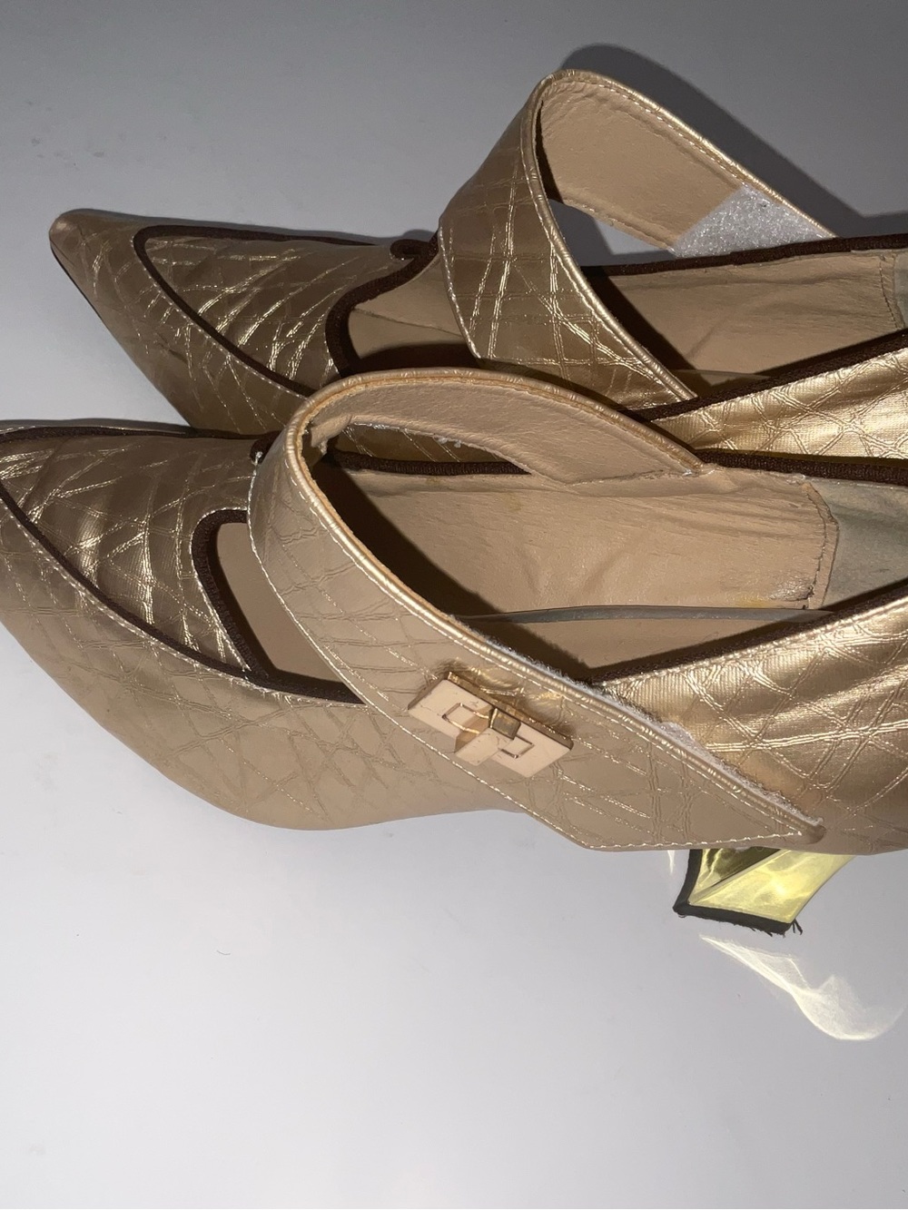 Quilted Nude Slingback Pointed-Toe Heels with Gold Buckle
